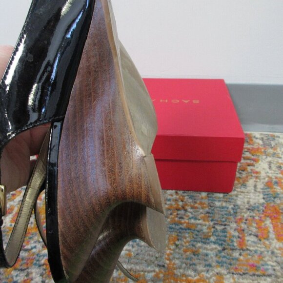 Franco Sarto Square-Toe Wood Heel Sandals Women 7.5 Black Patent Leather y2k 332 - Picture 10 of 12